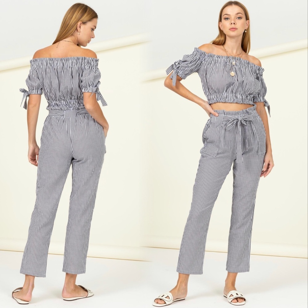 Striped Off-Shoulder Crop Top and Pants set